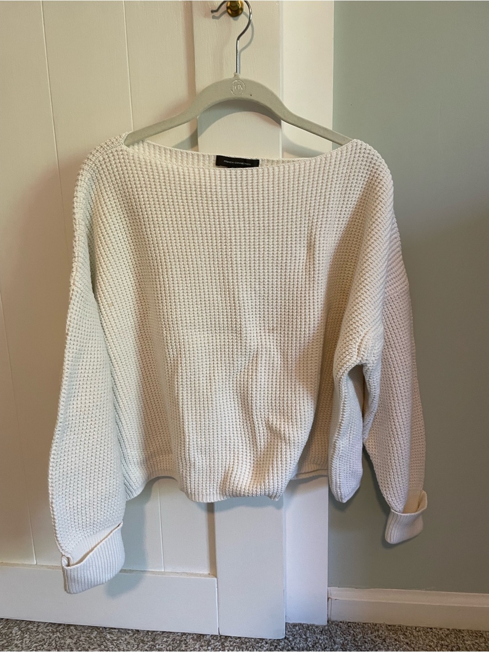 French Connection Off-Shoulder Cream Waffle-Knit Sweater